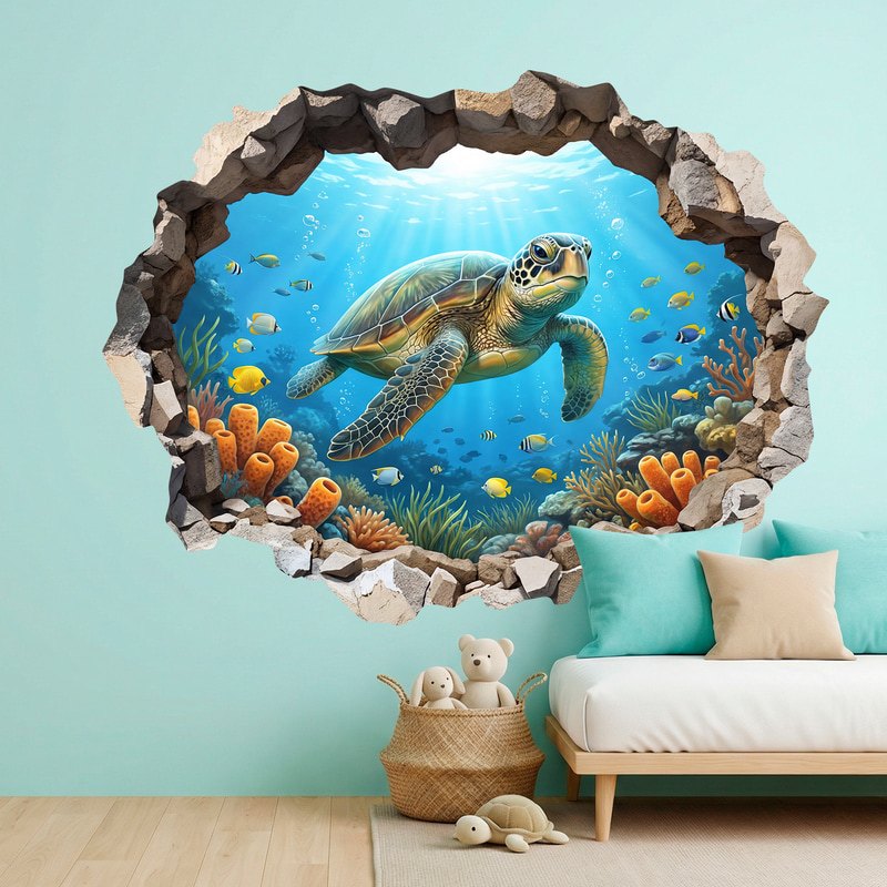 Wall Stickers: Wall Hole Sea Turtle on Coral Reef