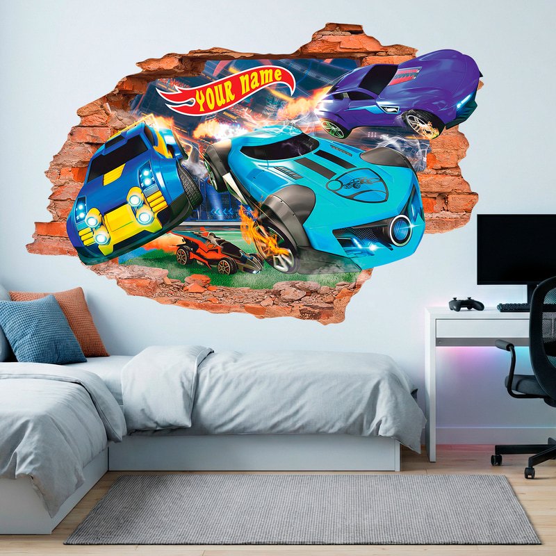 Stickers for Kids: Wall Hole Futuristic Racing Cars with Name