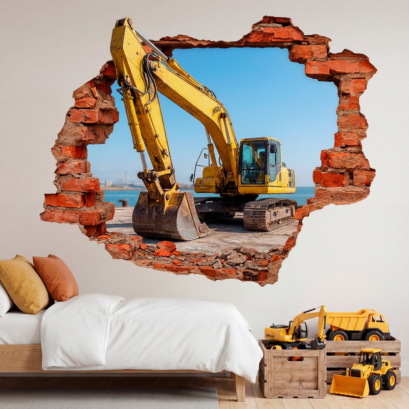 Wall Stickers: Wall Hole Yellow Excavator on Construction Site