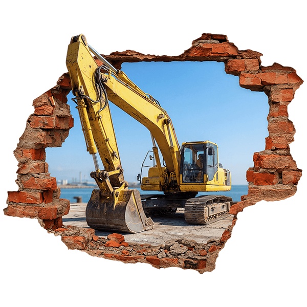 Wall Stickers: Wall Hole Yellow Excavator on Construction Site