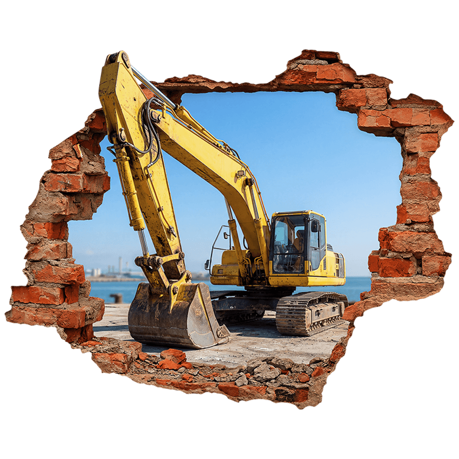 Wall Stickers: Wall Hole Yellow Excavator on Construction Site