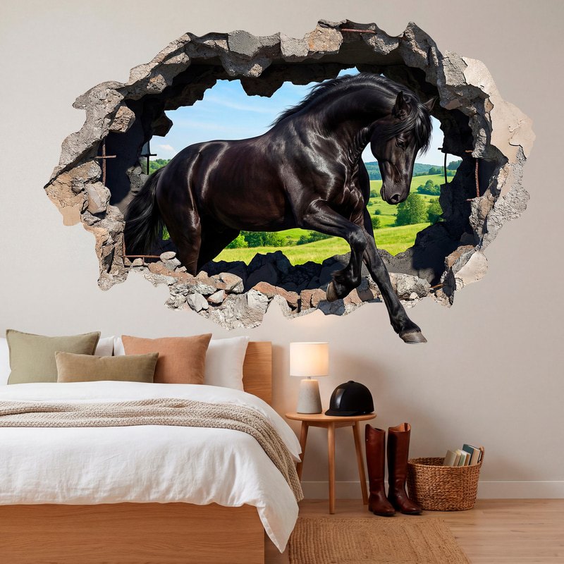 Wall Stickers: Wall Hole Black Horse in the Field