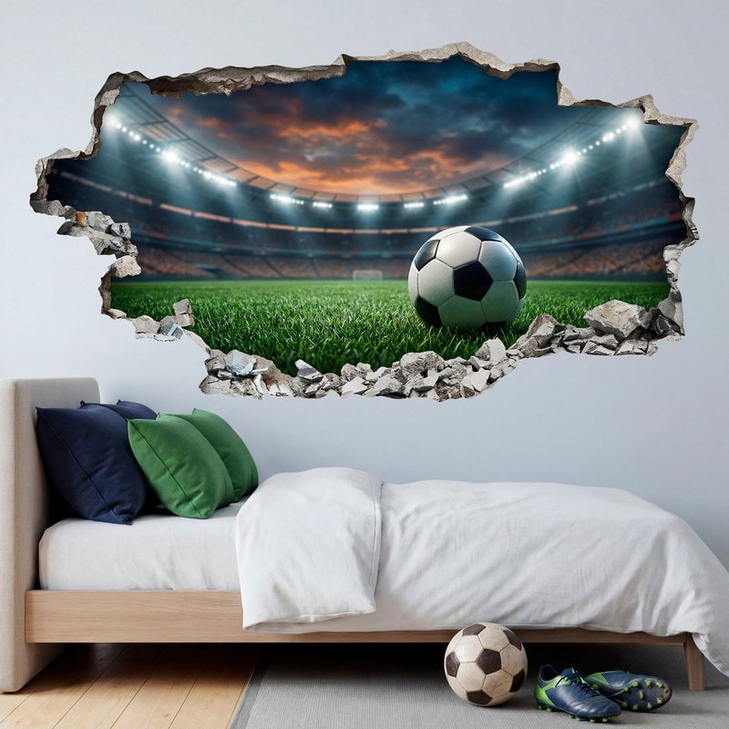 Wall Stickers: Wall Hole Football Stadium with Ball at Night