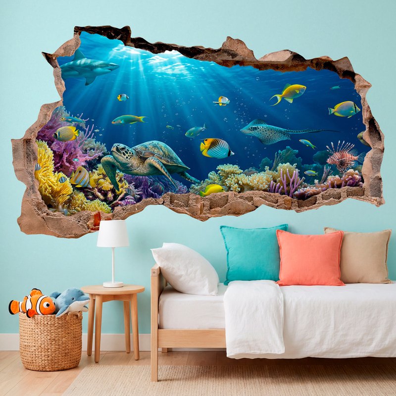 Wall Stickers: Wall Hole Underwater World with Turtle and Coral R