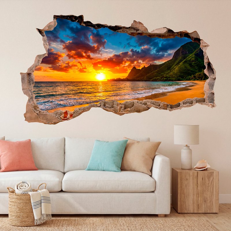 Wall Stickers: Wall Hole Tropical Beach Sunset