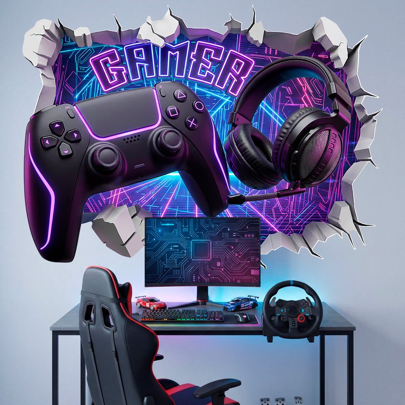Wall Stickers: Wall Hole Neon Gamer Controller and Headset