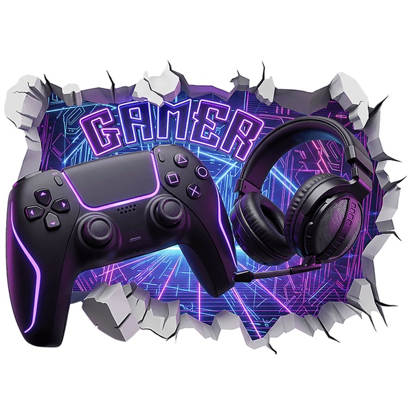 Wall Stickers: Wall Hole Neon Gamer Controller and Headset