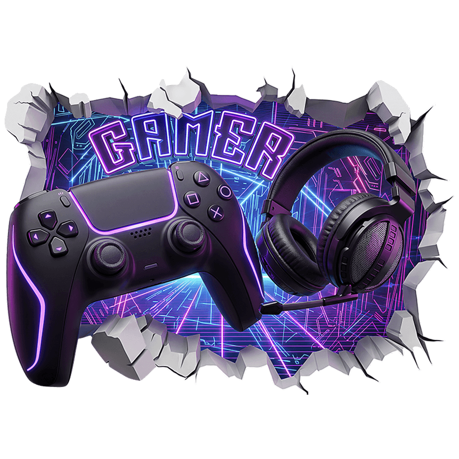 Wall Stickers: Wall Hole Neon Gamer Controller and Headset