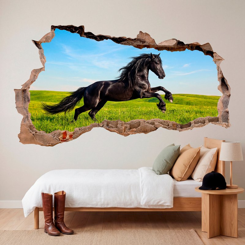 Wall Stickers: Wall Hole Black Horse Galloping in the Field