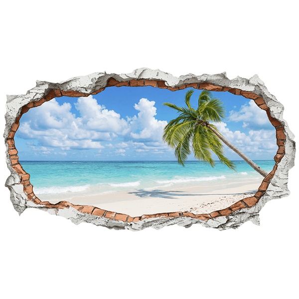Wall Stickers: Wall Hole Tropical Beach with Lone Palm Tree