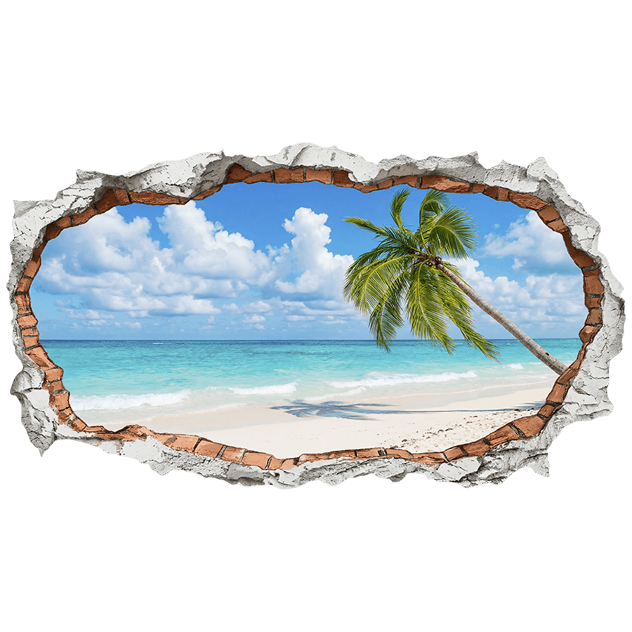 Wall Stickers: Wall Hole Tropical Beach with Lone Palm Tree