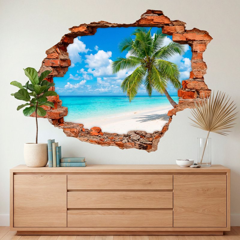 Wall Stickers: Wall Hole Tropical Beach with Palm Tree in the For