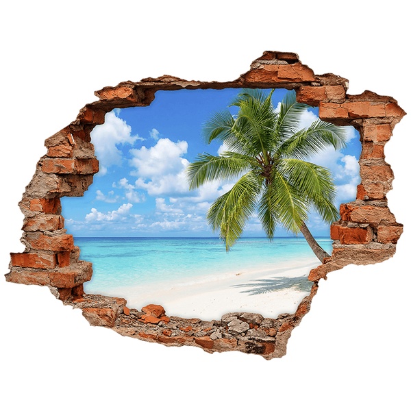 Wall Stickers: Wall Hole Tropical Beach with Palm Tree in the For