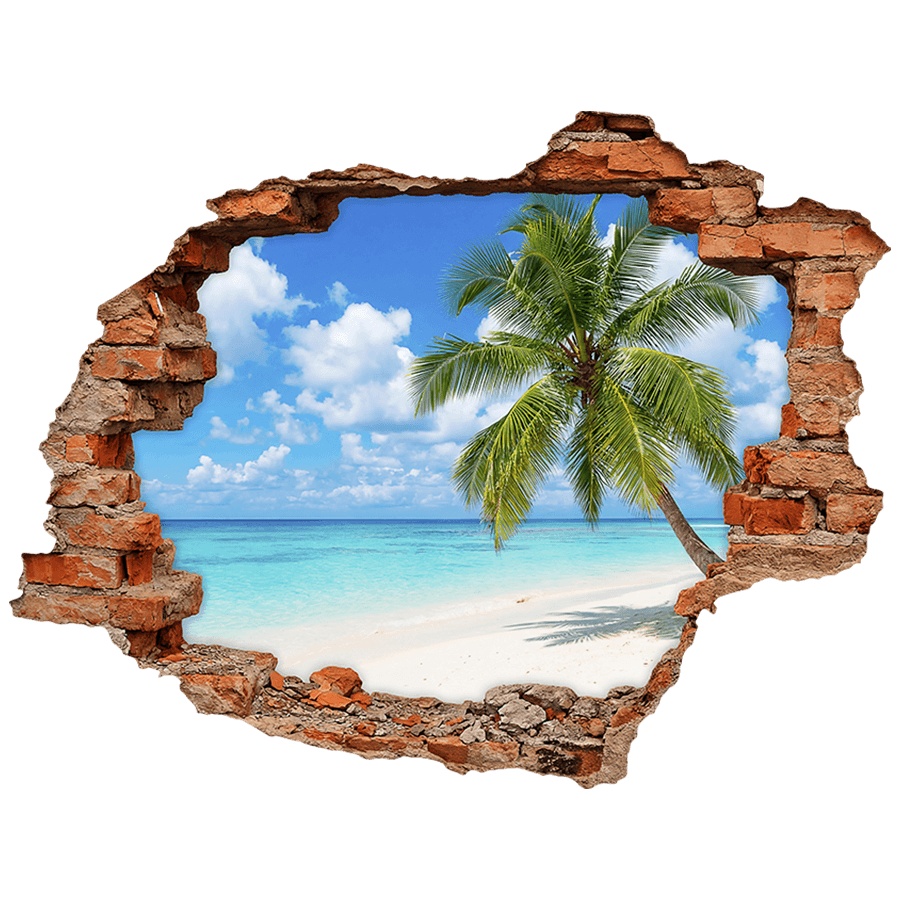 Wall Stickers: Wall Hole Tropical Beach with Palm Tree in the For