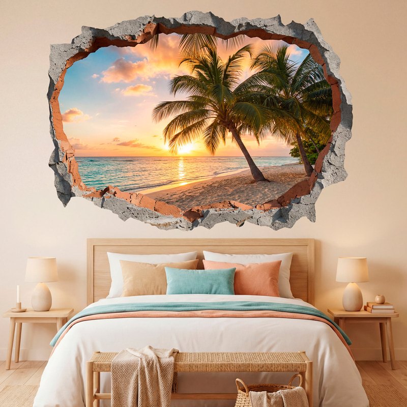Wall Stickers: Wall Hole Tropical Beach Sunset with Palm Trees