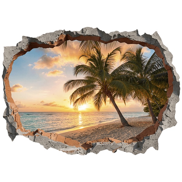 Wall Stickers: Wall Hole Tropical Beach Sunset with Palm Trees