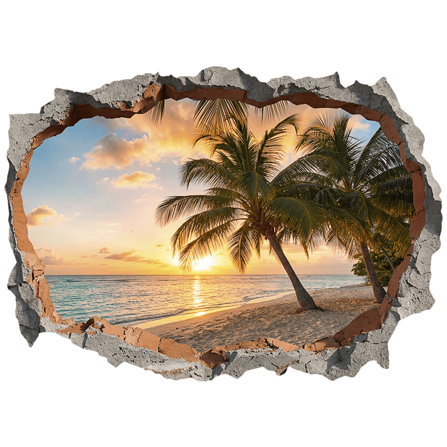 Wall Stickers: Wall Hole Tropical Beach Sunset with Palm Trees
