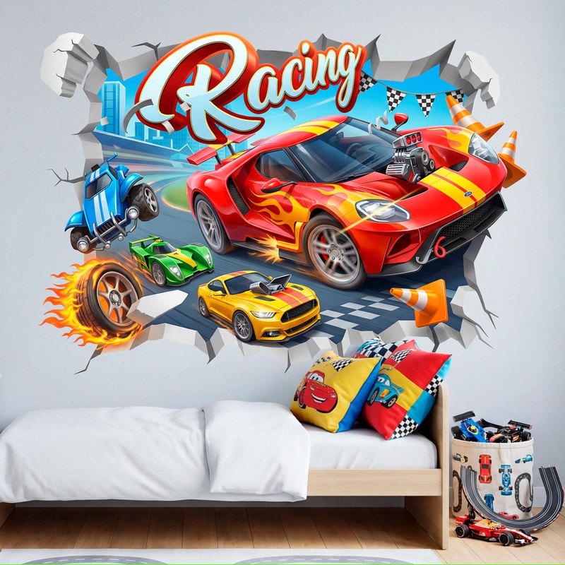 Stickers for Kids: Wall Hole Racing Cars on Track