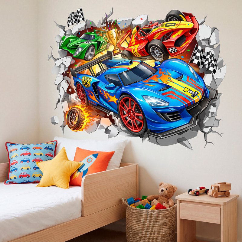 Stickers for Kids: Wall Hole Racing Cars with Champion Trophy