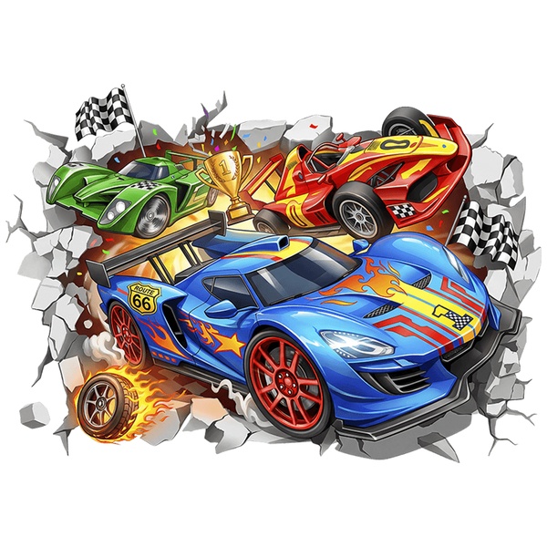 Stickers for Kids: Wall Hole Racing Cars with Champion Trophy