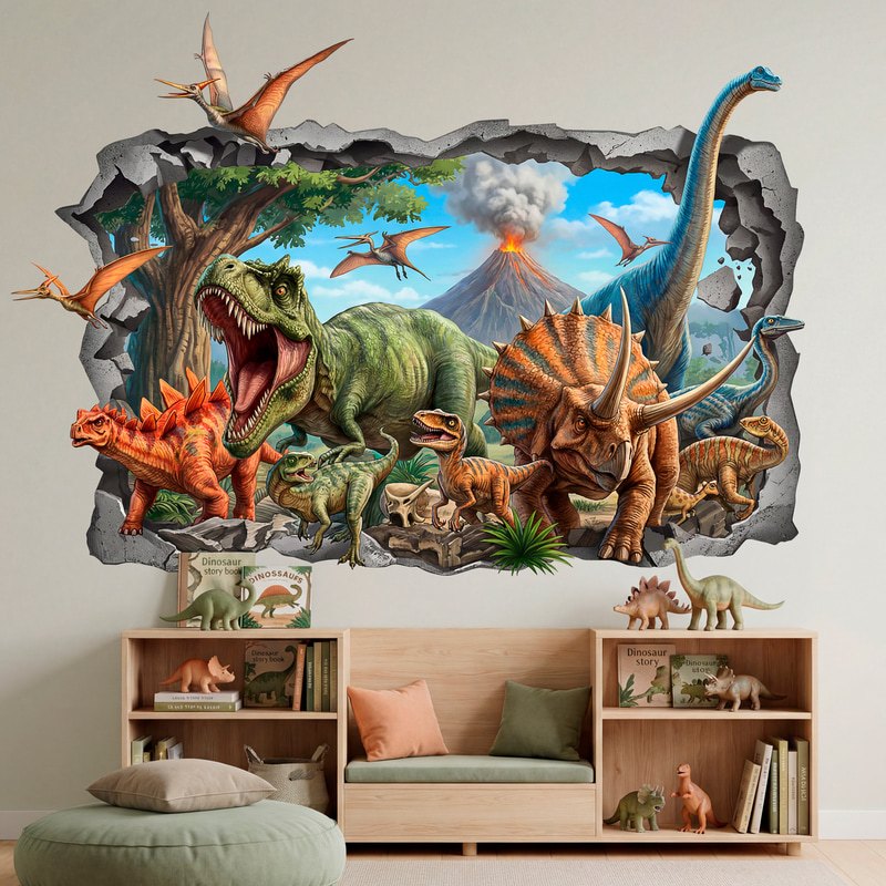 Stickers for Kids: Wall Hole T-Rex and Dinosaur Herd with Volcano