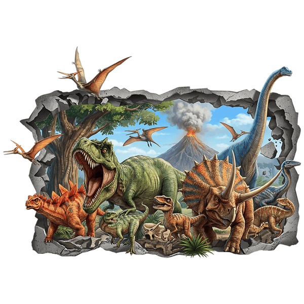 Stickers for Kids: Wall Hole T-Rex and Dinosaur Herd with Volcano
