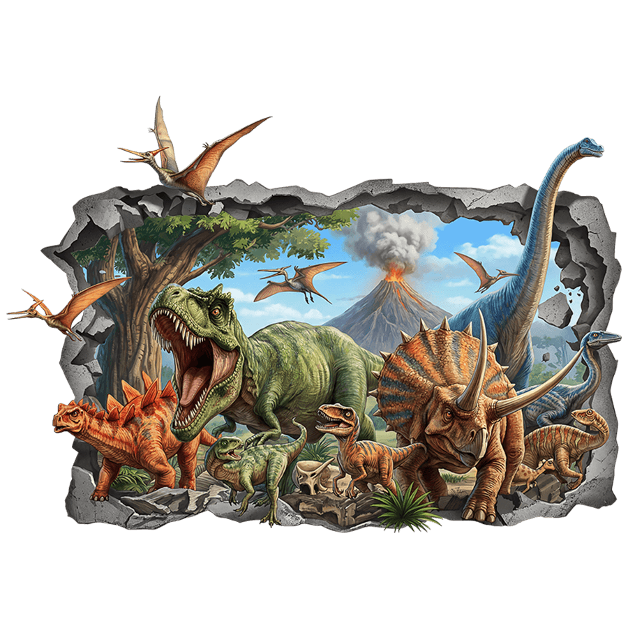 Stickers for Kids: Wall Hole T-Rex and Dinosaur Herd with Volcano