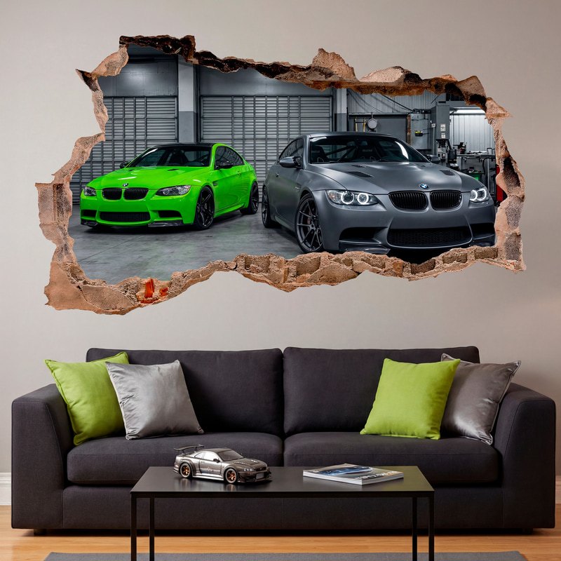 Wall Stickers: Wall Hole BMW Sports Cars in the Garage