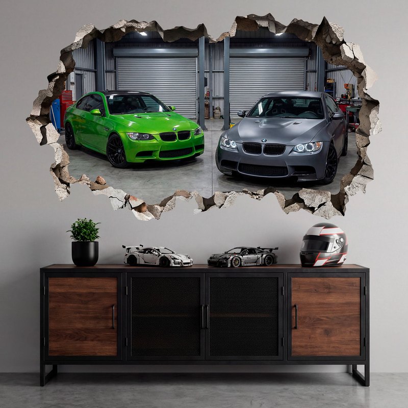 Wall Stickers: Wall Hole Two BMW Sports Cars in the Garage