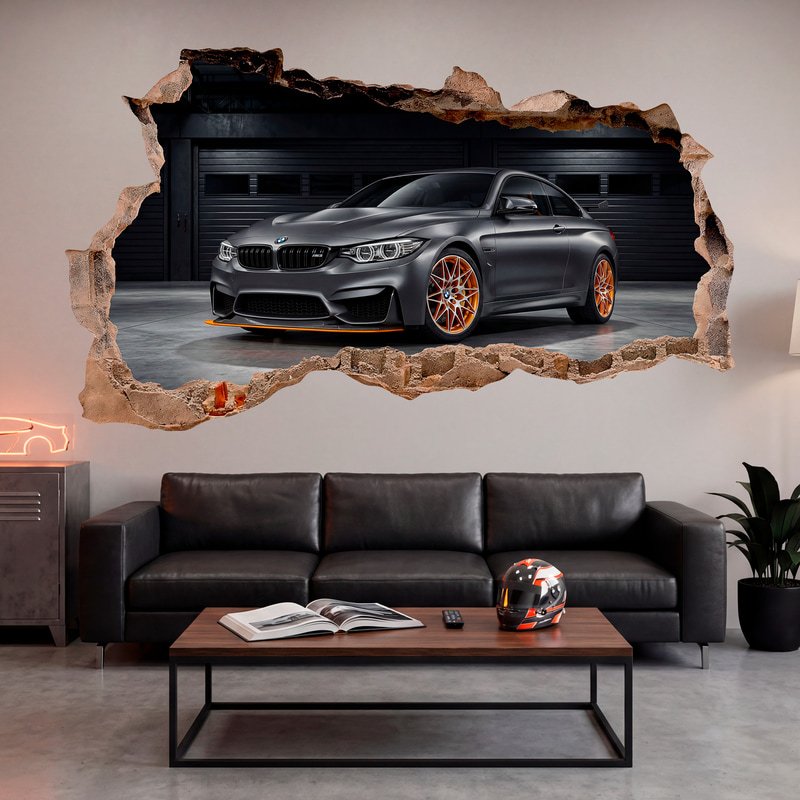 Wall Stickers: Wall Hole BMW M3 Sports Car in the Garage