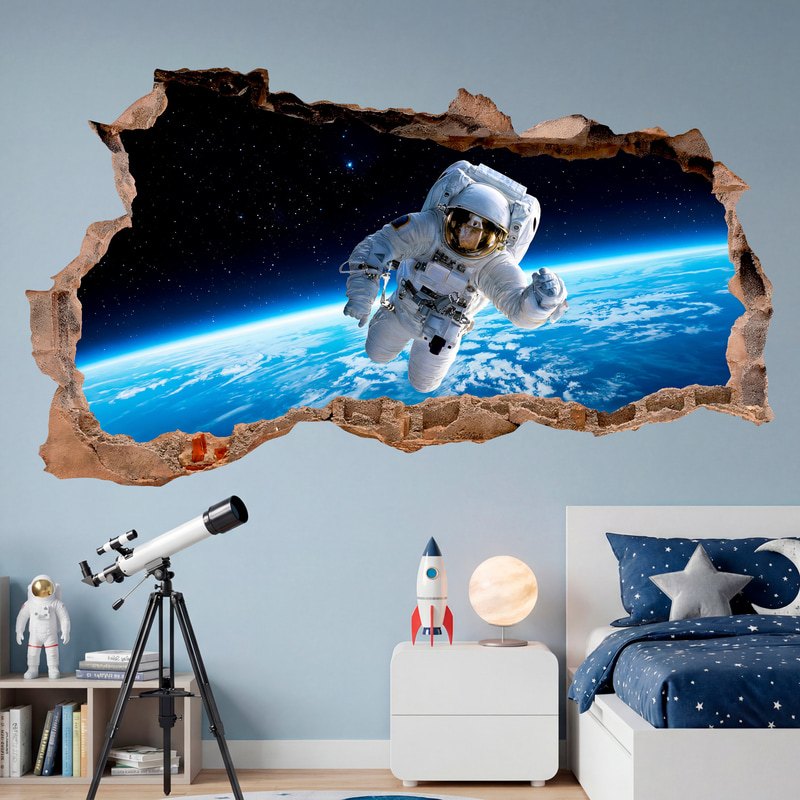 Stickers for Kids: Wall Hole Astronaut in Space above Earth
