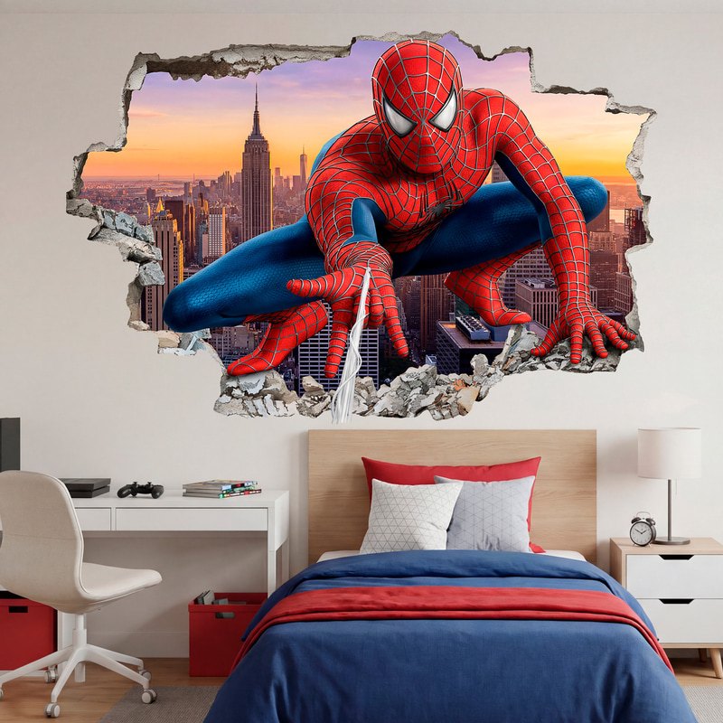 Wall Stickers: Wall Hole Spider-Man Shooting Web over the City