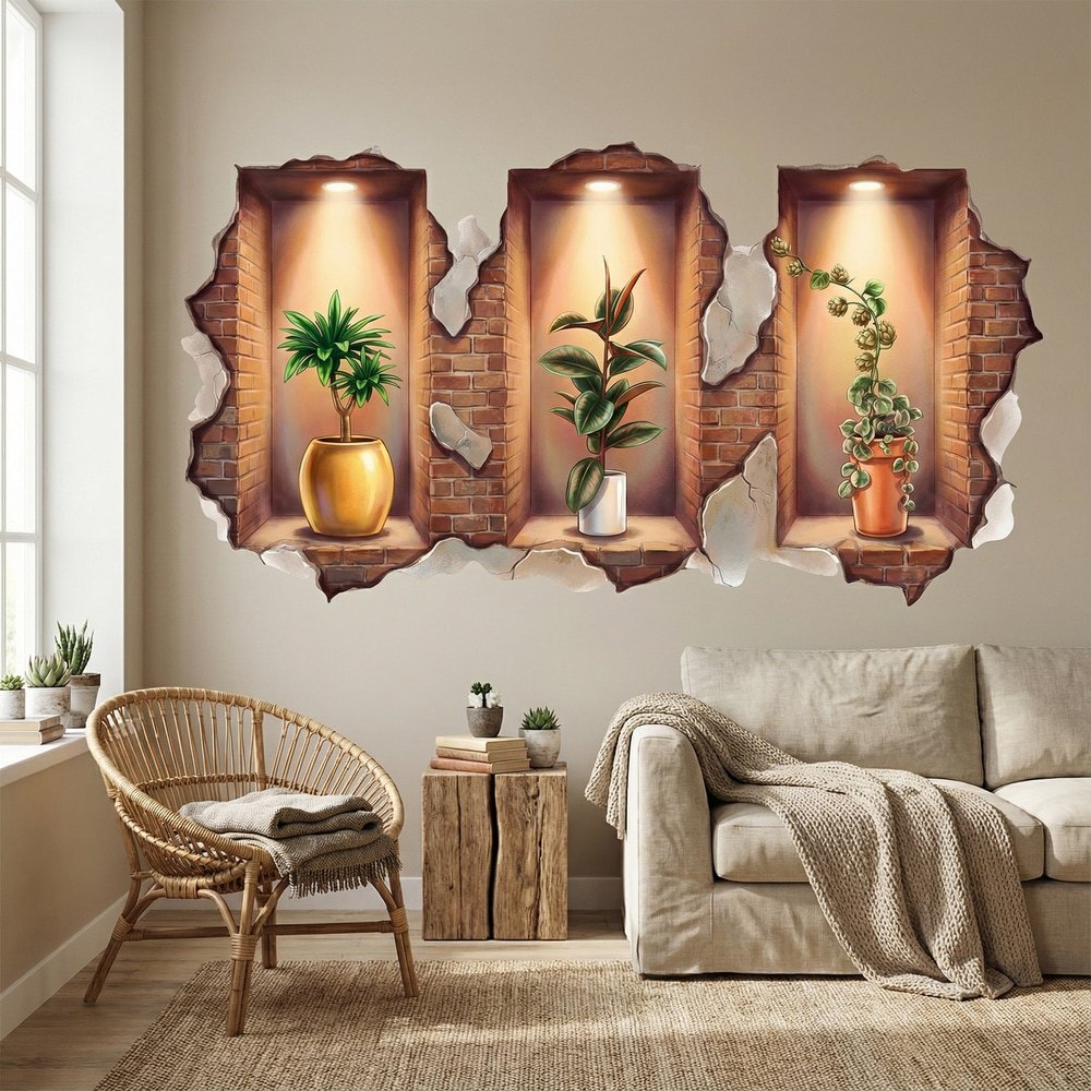 Wall Stickers: 3D Niches Shelves with Decorative Plants