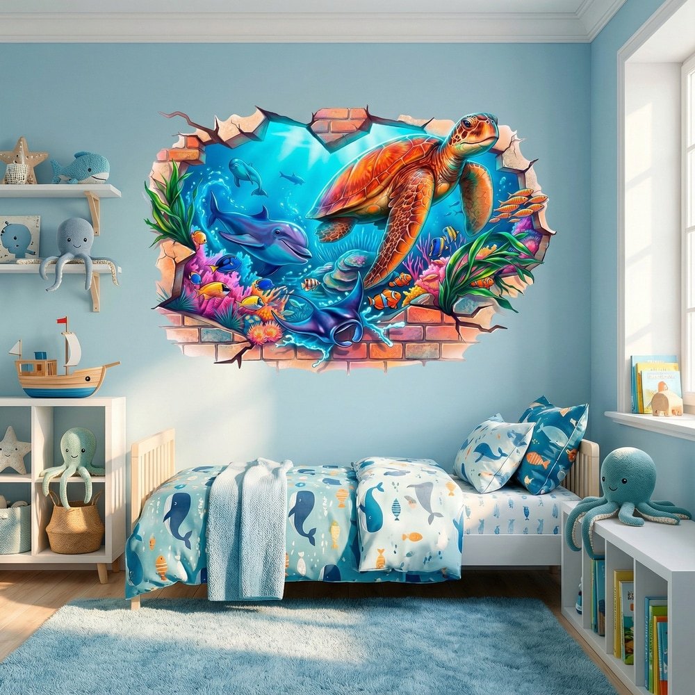 Wall Stickers: Underwater World Wall Hole with Dolphins and Turtl