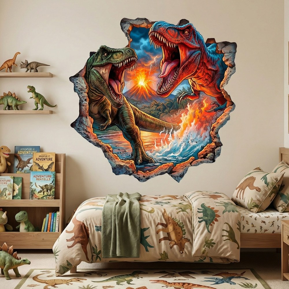 Stickers for Kids: Wall Hole Dinosaurs T-Rex Volcano Eruption