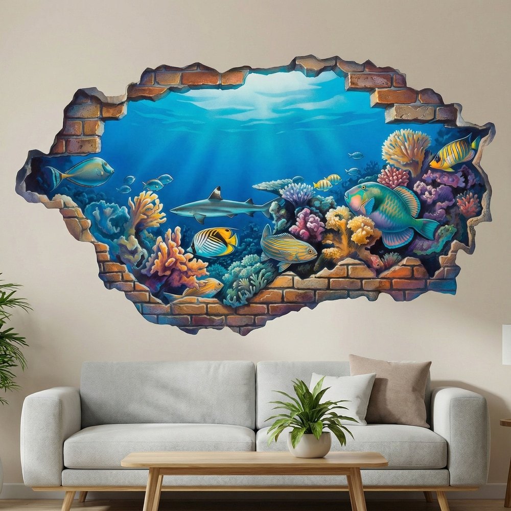 Wall Stickers: Wall Hole Tropical Reef with Colorful Fish