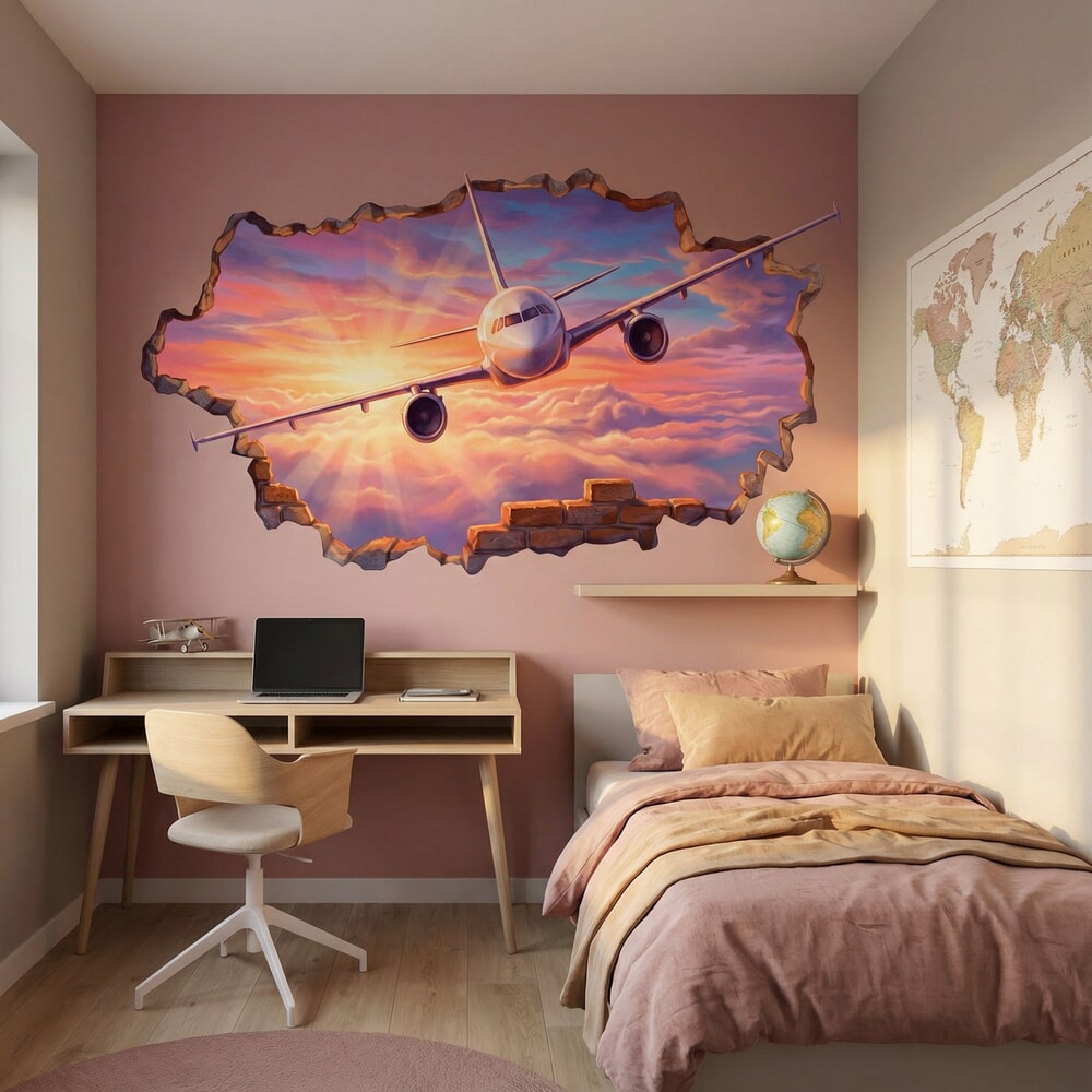 Wall Stickers: Airplane Through Wall Sunset Clouds