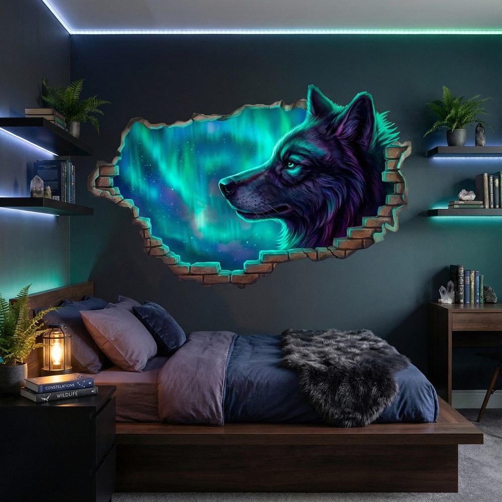 Wall Stickers: Wolf and Northern Lights Wall Break