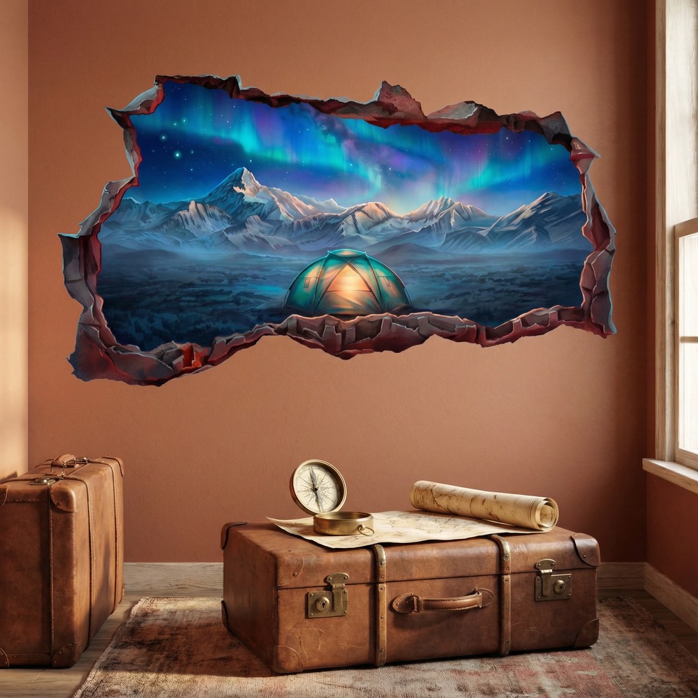 Wall Stickers: Wall Hole Camping Under the Northern Lights