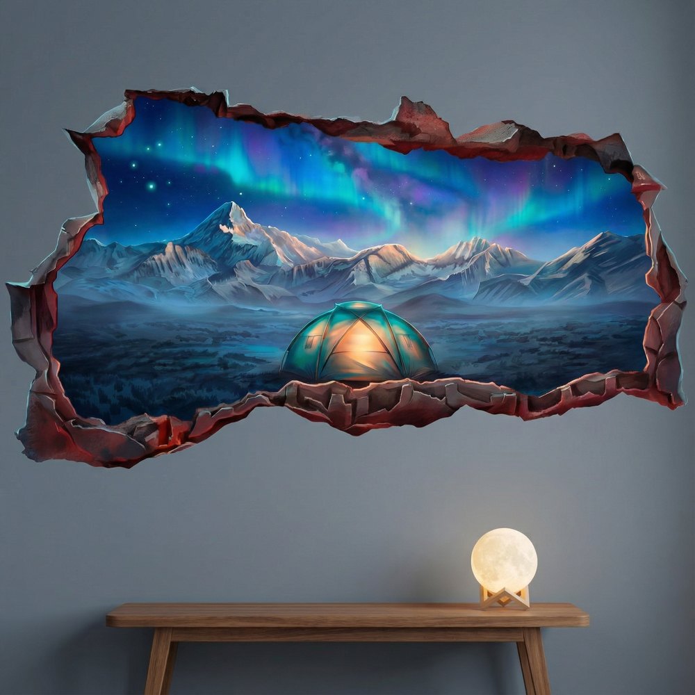 Wall Stickers: 3D Northern Lights Camping Hole in the Wall Decal