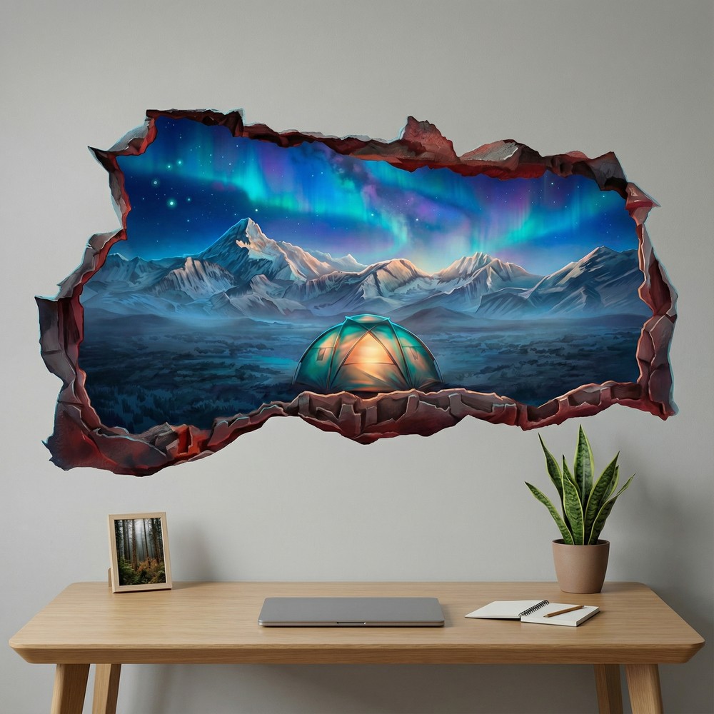 Wall Stickers: 3D Northern Lights Camping Hole in the Wall Decal