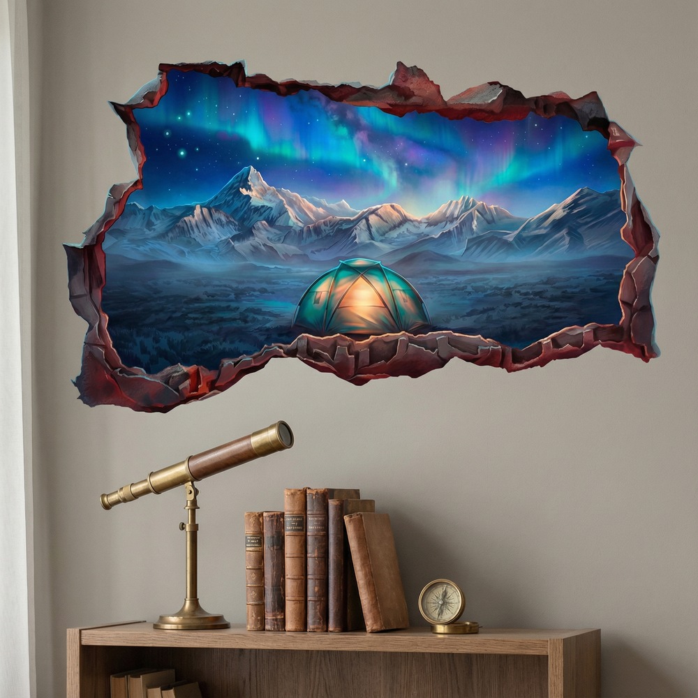 Wall Stickers: Wall Hole Camping Under the Northern Lights