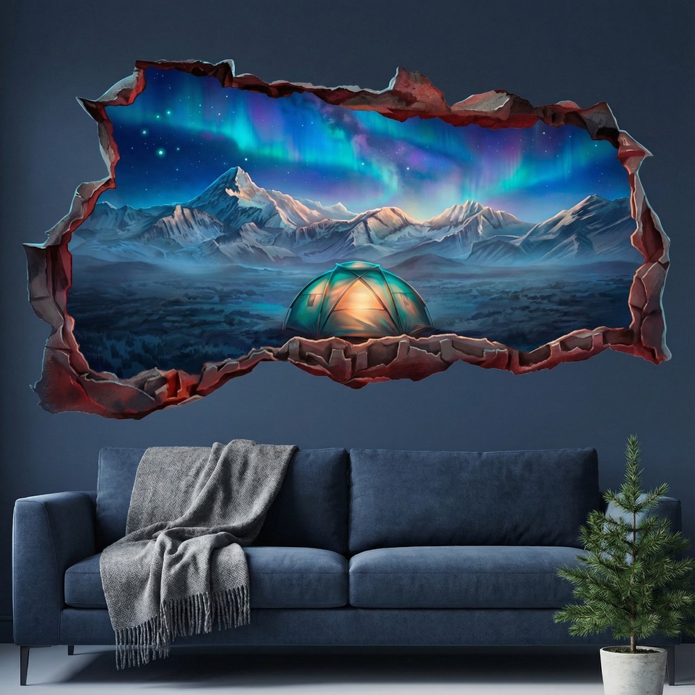 Wall Stickers: 3D Northern Lights Camping Hole in the Wall Decal