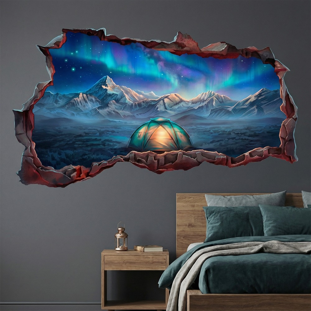 Wall Stickers: 3D Northern Lights Camping Hole in the Wall Decal