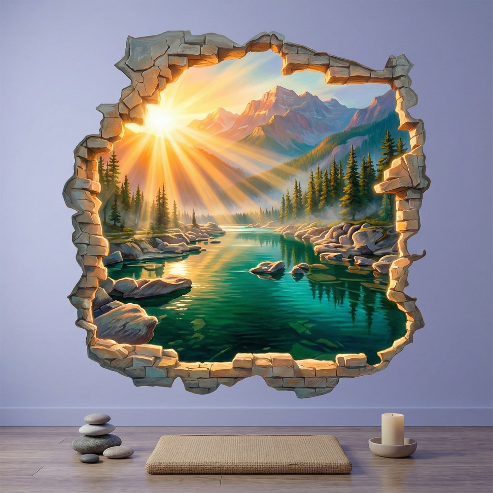 Wall Stickers: Wall Hole Sunrise over Mountain Lake