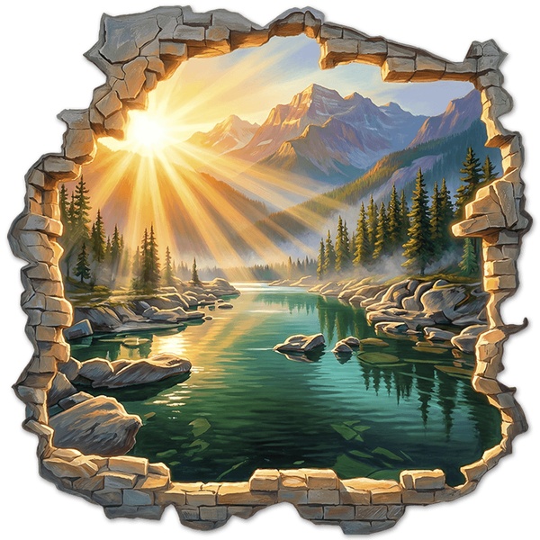 Wall Stickers: Wall Hole Sunrise over Mountain Lake