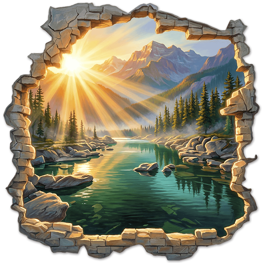Wall Stickers: Wall Hole Sunrise over Mountain Lake