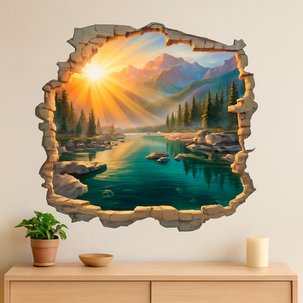 Wall Stickers: Wall Hole Sunrise over Mountain Lake