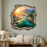 Wall Stickers: Wall Hole Sunrise over Mountain Lake 4