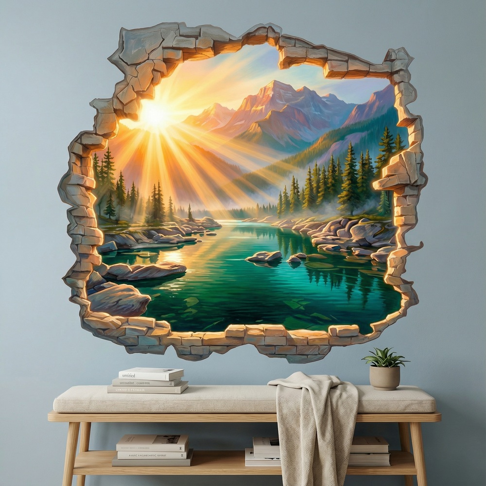 Wall Stickers: Wall Hole Sunrise over Mountain Lake